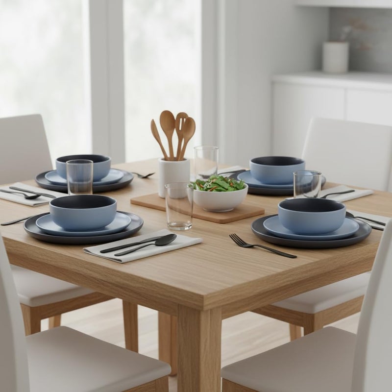 Shallow طقم عشاء نوردك ضحل مكون من 12 قطعة باللون الأزرق الأنيق | 4 أطباق عشاء 10.5 بوصة، 4 أطباق جانبية 7.5 بوصة و 4 سلطانيات عميقة 5.5 بوصة - Image 2